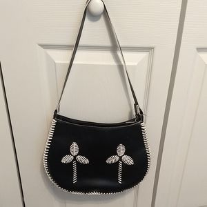 Womens MX Black White Quilted Faux Leather Satchel Shoulder Bag Palm Trees